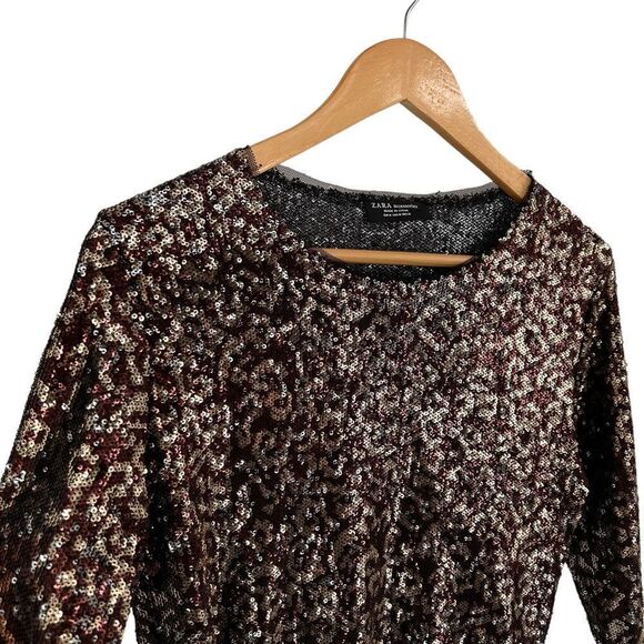 Zara Accessories full sequin black gold leopard long sleeve top size medium - Picture 3 of 7